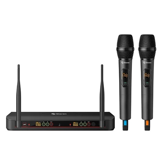 Steren Kit de 2*Micrófono Inalambrico de Mano Profesional UHF - hasta 100m, TRS+XLR, Bateria Recarcable, Estuche Rigido