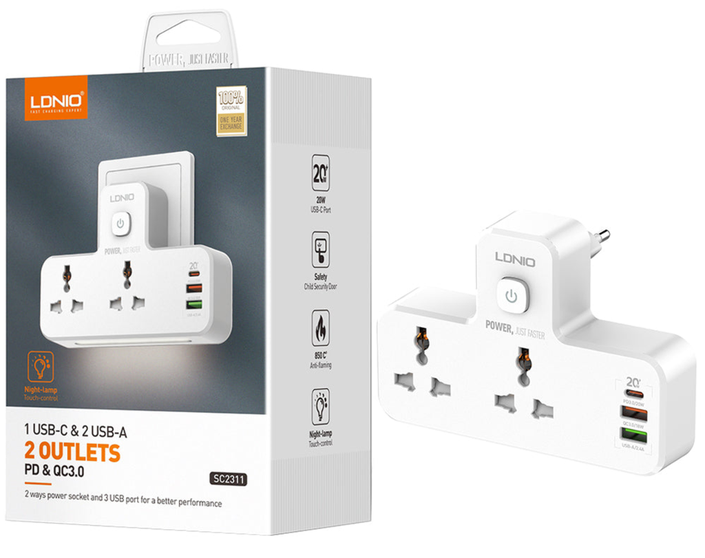 LDNIO SC2311 Regleta 2 ENCHUFES +1USB-C+2USB-A