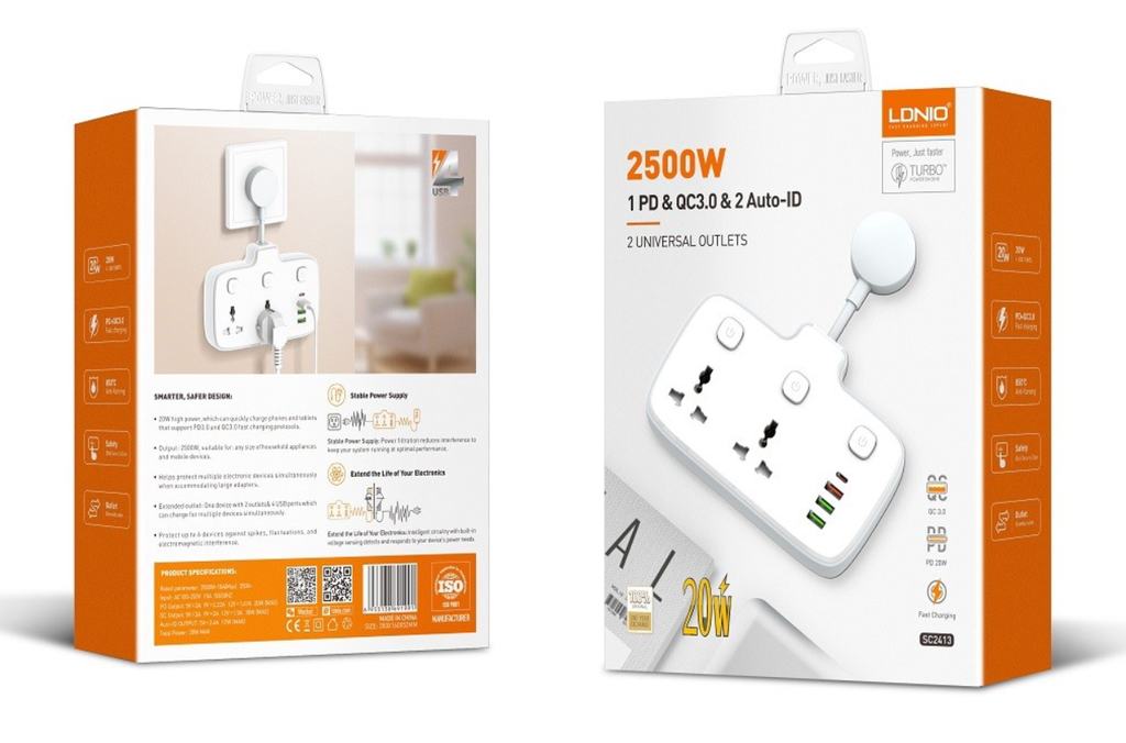 LDNIO SC2413 Regleta 2 ENCHUFES +1USB-C+3USB-A